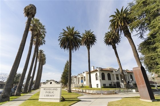 View of the Woodland Public Library from Court and First Street
