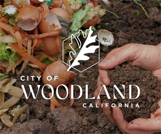 Image of hands holding compost soil with the City of Woodland logo superimposed
