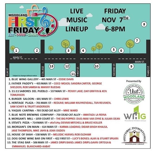 First Friday promo image showing live music performances throughout downtown on Friday, Nov/ 7 from 6 - 8 PM