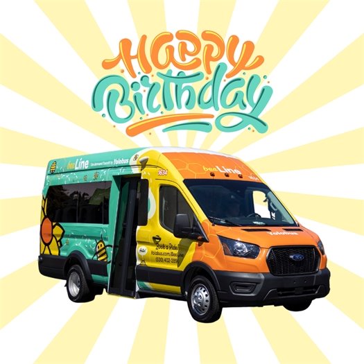 Image of a BeeLine shuttle with "Happy Birthday" text