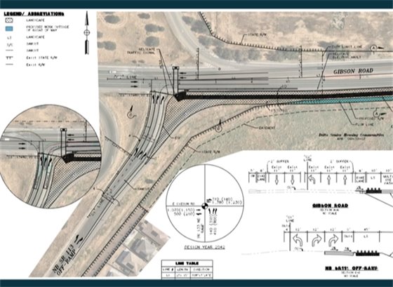 Aerial view of construction plans for NB 113 exit at Gibson Rd.
