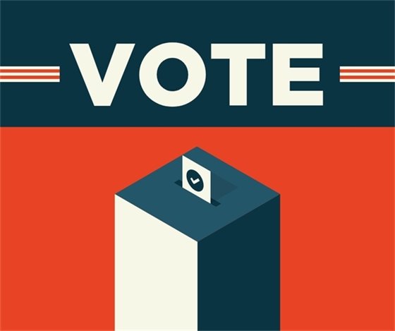 Blue and red graphic with "VOTE" and image of a ballot box