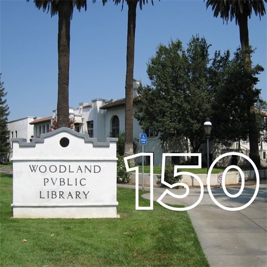 Exterior library photo with 150 text