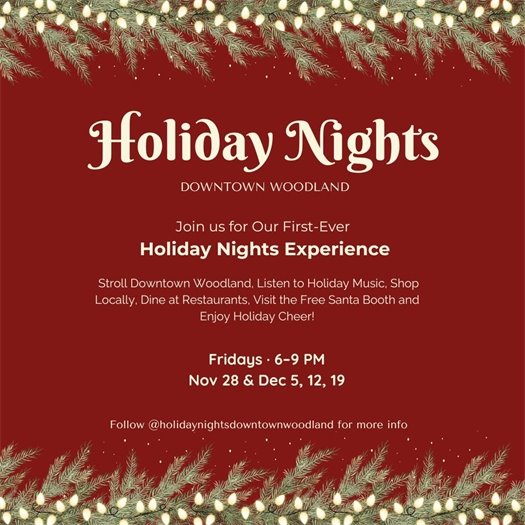 "Holiday Nights" graphic with cream text on burgundy background with holiday tree trim