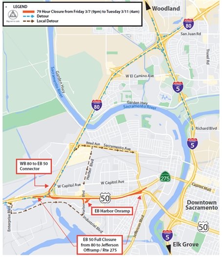 Image of March 2025 full closure of US-5- just east of Yolo Causeway