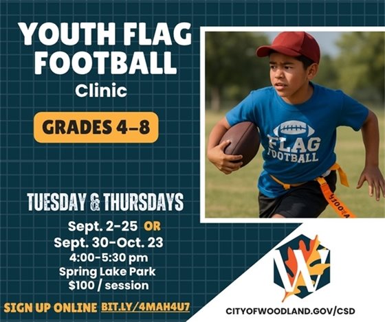 Graphic with a picture of a young person playing flag football along with text: "Youth Flag Football Clinic, Grades 4-8"