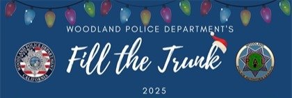 Graphic with holiday lights reading "Woodland Police Department's Fill the Trunk 2025"