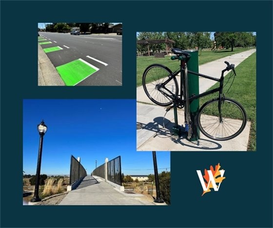 Image of a bicycle, a bike lane, and the new bike and pedestrian overcrossing