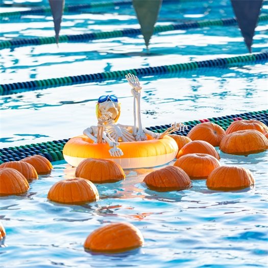 pumpkin and skeleton in a pool