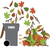 Photo depicting leaves and green waste debris being placed into a WM Organics Cart
