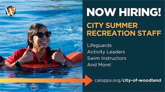 Image of a swim instructor / lifeguard with the text "Now Hiring"