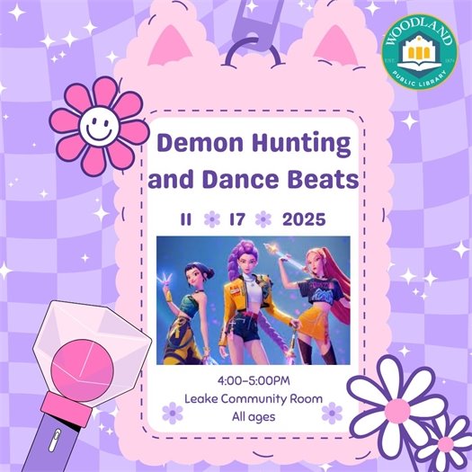 Graphic reading "Demon Hunting and Dance Beats" on a pink and purple background with flower and microphone icons
