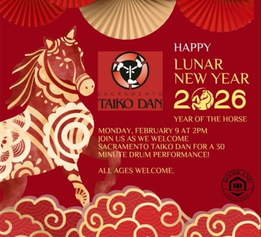 Happy Lunar New Year graphic with 2026 Year of the Horse imagery