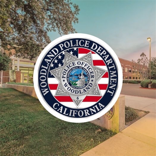 Outdoor photo of Woodland Police Department with PD logo overlaid
