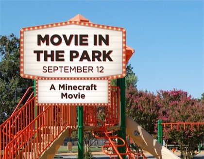 "Movie in the Park: A Minecraft Movie" text over a photo of Crawford Park Playground