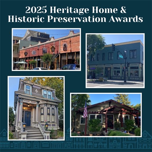 2025 Heritage Home and Historic Preservation Awards Graphic with Photos of the Four awarded properties