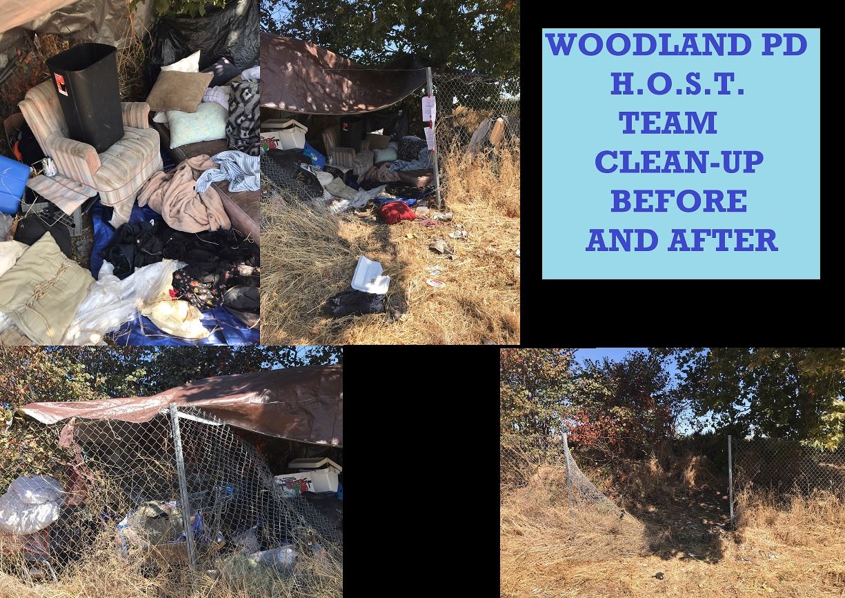 Before and after images from the Woodland PD HOST team cleanup
